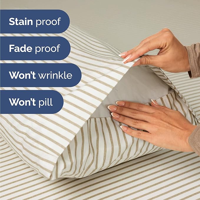 Twin 4 Piece Sheet Set - Comfy Breathable & Cooling - Soft Hotel Luxury Bedding Set with 8-16 Inch Deep Pockets - 1 Flat & 1 Fitted Sheet & 2 Pillowcases - Wrinkle Free & Easy Care - Beige Stripes 2