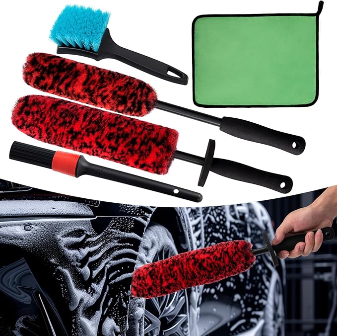 KLeXiC 5 Pack Car Wheel and Tire Cleaner Brushes Kit Auto Motorcycle Rim Ultra Soft Microfiber No Spatter Bendable Woolies Bristle Cleaning Set (Red & Black)