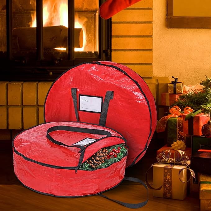 ProPik Christmas Wreath Storage Bag 30" - Garland Holiday Container with Tear Resistant Material - Featuring Heavy Duty Handles and Transparent Card Slot - 2 Pack (30 Inch, Red)