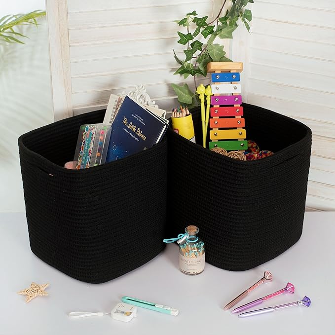 MINTWOOD Design 3-Pack 11x11 Inch Cube Storage Bin, Woven Organizer, Closet Cute Square Bins, Decorative Classroom Bathroom Pantry and Shelf Baskets, Full Black (MD-196)