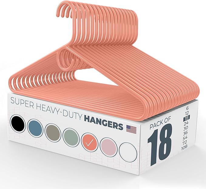 Neaties Super Heavy Duty Clothes Hangers 18 Pack – Made in The USA - 10lb Capacity, Thick Plastic Hangers for Pants, Coats, Jackets, Jeans and Adult Clothing – Peach