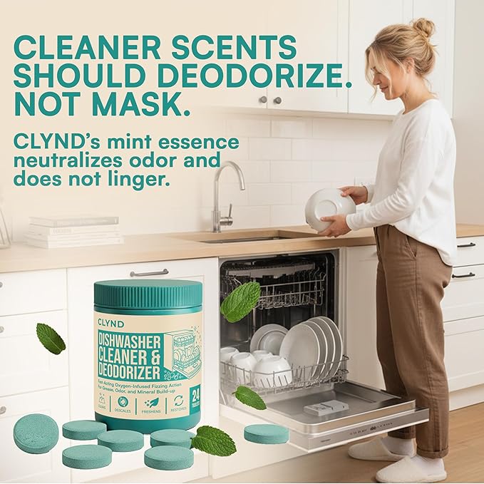 CLYND Dishwasher Cleaner and Deodorizer Tablets - 24 Pack Deep Clean Dishwasher Cleaning Tablets, Heavy Duty Streak-free Shine Dish Washer Cleaner, Natural Descaler and Odor Eliminator 12 Month Supply