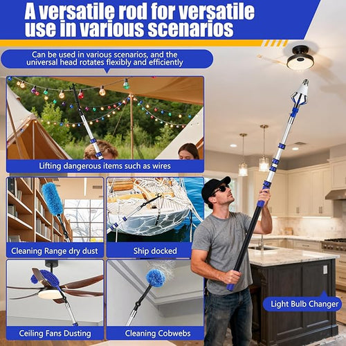 20FT Light Bulb Changer for High Ceilings with 5-12FT Heavy Duty Extension Pole,High Ceiling Ceiling Fan Cleaner Duster Kit for Home & House High Window, Interior Roof Window Cleaning Blue