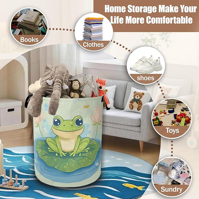 Laundry Hamper,Cute Green Frog Collapsible Laundry Baskets Waterproof Oxford Cloth With Handles,Clothes Storage Bucket Toy Organizer For Bathroom/Nursery/Bedroom 16" x 20.8"