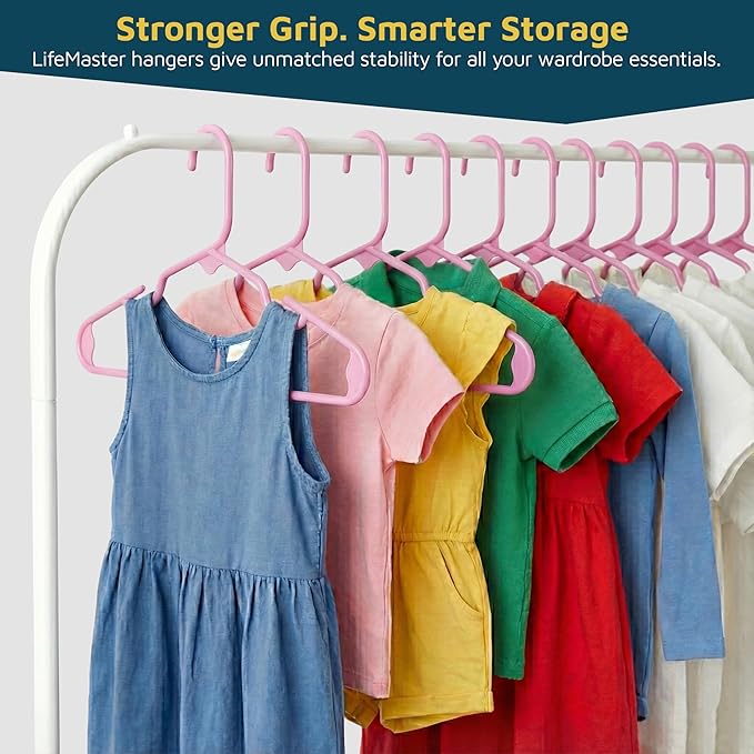 Lifemaster Plastic Kids Clothes Hangers – Children Clothes Hanger with Shoulder Notch, 11.6 Inch Space-Saving Closet Organizer for Baby, Toddler, and Kids Clothing, Hold Up to 5 lbs, Pack of 30, Pink