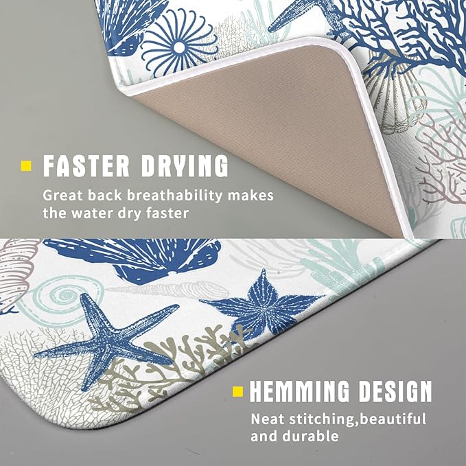 Summer Navy Blue Dish Drying Mat for Kitchen Counter 16×18 Inch Coral Drainer Pad Washable Starfish Dish Rack Pad Drainer Mat Beach Absorbent Reversible Microfiber Dish Drying Pad for Coffee Bar