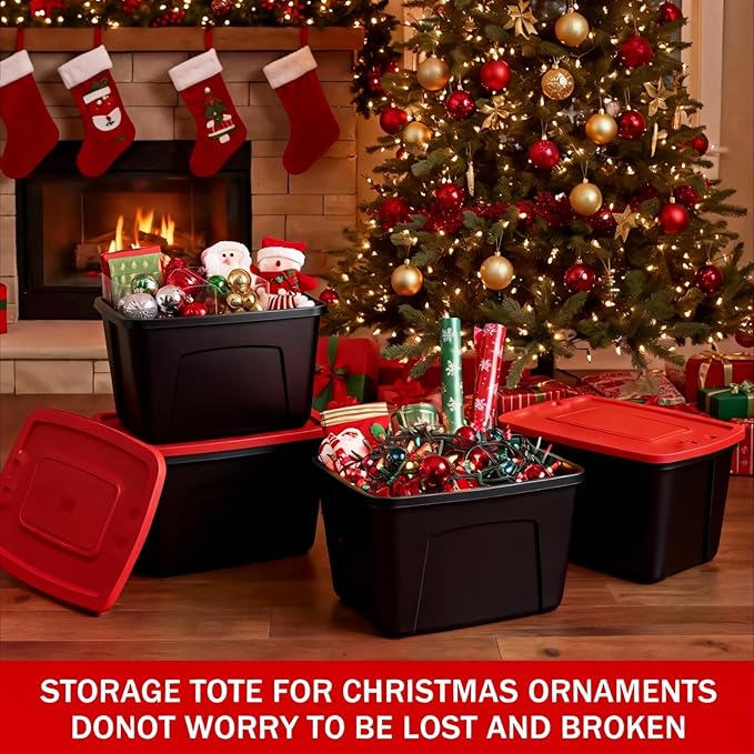 4-Pack Christmas Storage Bins with Lids - Made in USA 18-Gallon(72-Quart)Red Storage Totes,Holiday Organizer,Plastic Stackable Large Storage Boxes for Home,Office,Garage,Basement Red/Black