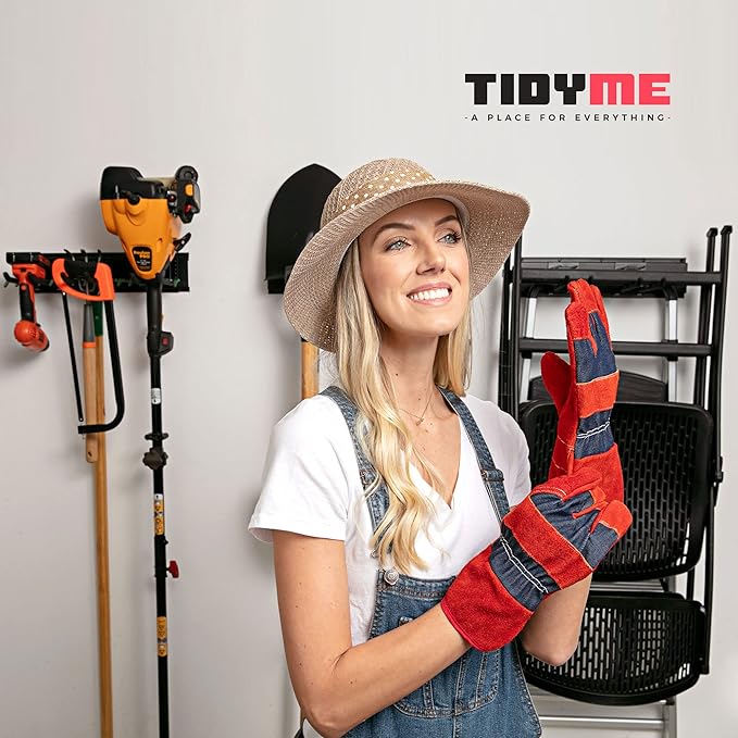 TIDYME Garage Wall Organizer | 48" Heavy-Duty Tool Storage Rack | Adjustable Double-Layer Hooks | 300 lbs Capacity | Carbon Steel Wall Mount Holder for Shovels, Rakes, Ladders & Power Tools