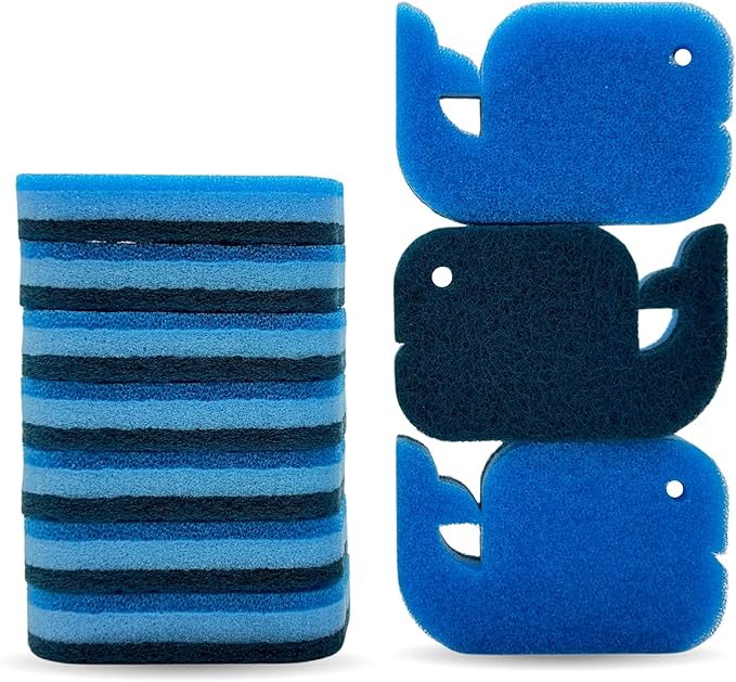 Ohsoborn 10 Pack Multipurpose Dual Sided Triple Layer Dish Sponges Kitchen | Boil Safe Scratch Free Odor Resistant Extra Durable | Flexible and Durable Design for Long Lasting Use (10, Whale)