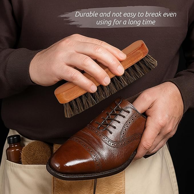 6.7" Horsehair Shoe Shine Brush - 100% Soft Genuine Horse Hair Bristles - Unique Concave Design Wood Handle - Comfortable Grip, Anti Slip - for Boots, Shoes & Other Leather Care (#1)