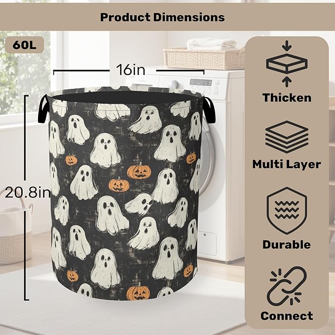 Halloween Ghost Pumpkin Large Clothes Hamper Bag - Laundry Basket with Handles, Space Saving Foldable Design for Nursery