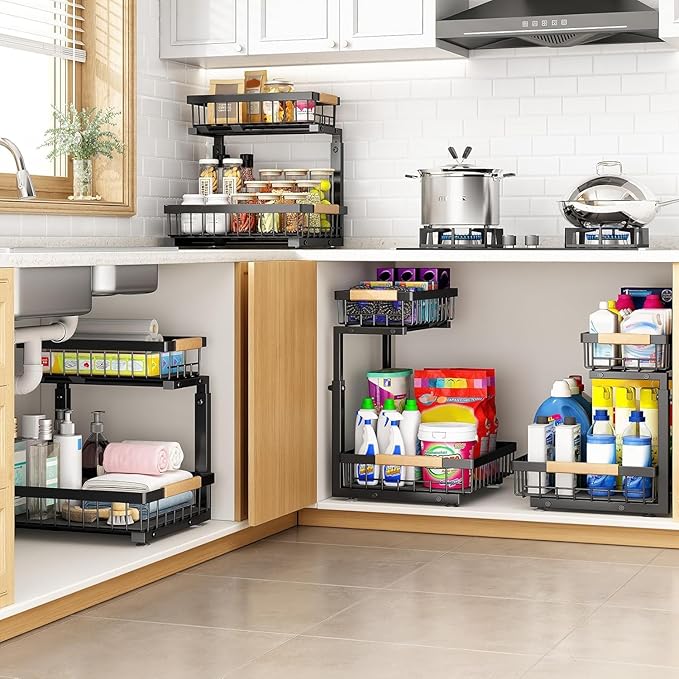 PXRACK(Small Version)2 Pack Under Sink Organizer,Adjustable Height,2 Tier Pull Out Under Cabinet Organizer,Slide Out Thickened Metal Storage Shelf for Kitchen Bathroom Laundry Pantry Cabinet,Black