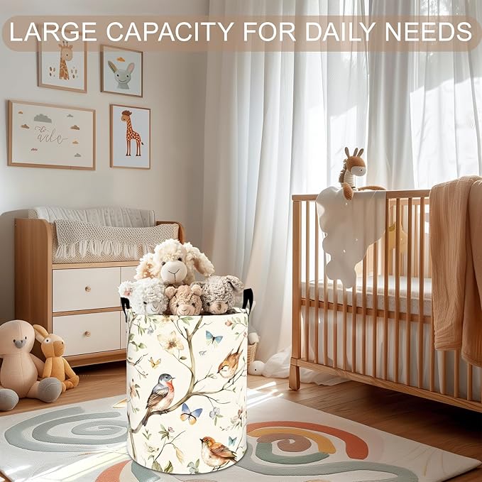 Birds and Butterfly Laundry Basket Hamper 19.7"x15.8", Floral Foldable Waterproof Oxford Clothes Storage Bucket for Room Bathroom Bedroom Nursery Decor, Toy Organizer Bins Gifts for Kids Boys Girls