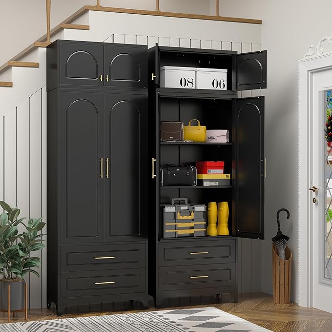 Metal Storage Cabinet with Doors and Shelves, 90" Tall Kitchen Pantry Storage Cabinets with 2 Drawer, Black Pantry Closet, Steel Large Cupboard, High Leveling Feet- Assembly Required
