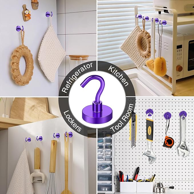 MIKEDE Magnetic Hooks, 50Lbs+ Heavy Duty Magnet Hooks for Cruise Cabins, Super Neodymium Hanging Hooks Strong Magnets with Hook for Fridge, Magnetic Hanger for Grill, Toolbox, Storage(Purple, 10 Pack)