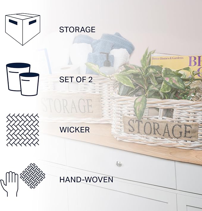 happimess BSK1005A-2SET Reed Southwestern Hand-Woven Rattan Nesting Wicker Storage Baskets with Handles, Seagrass Container for Decoration in Bedroom, Closet, White Wash/Kubu Gray (Set of 2)