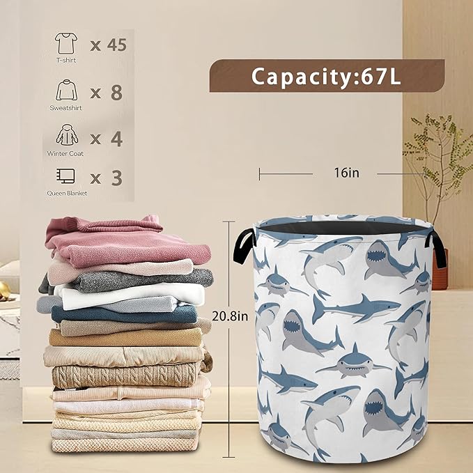 Laundry Hamper,Cute Shark Laundry Basket,Wild Fish Waterproof Oxford Cloth Storage Basket with Handle for Clothes Books Nursery Home Storage Sundries 16"x20"