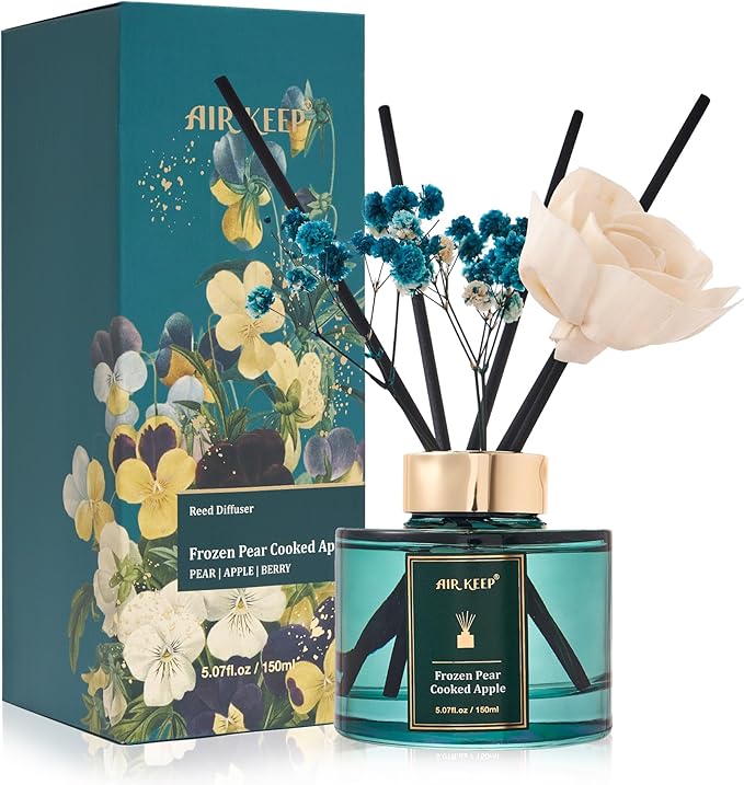 Airkeep Flower Reed Diffusers Set, 5.07 oz Pear/Apple/Berry Scented Oil Diffuser with 8 Reed Sticks, Home Fragrance Diffuser Gift Set for Bathroom & Office Decor 150ml