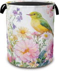 Laundry Basket,Watercolor Flowers Collapsible Laundry Baskets,Green Bird Waterproof Oxford Hamper with Handles for Bathroom Bedroom Nursery Home Storage 16"x20"