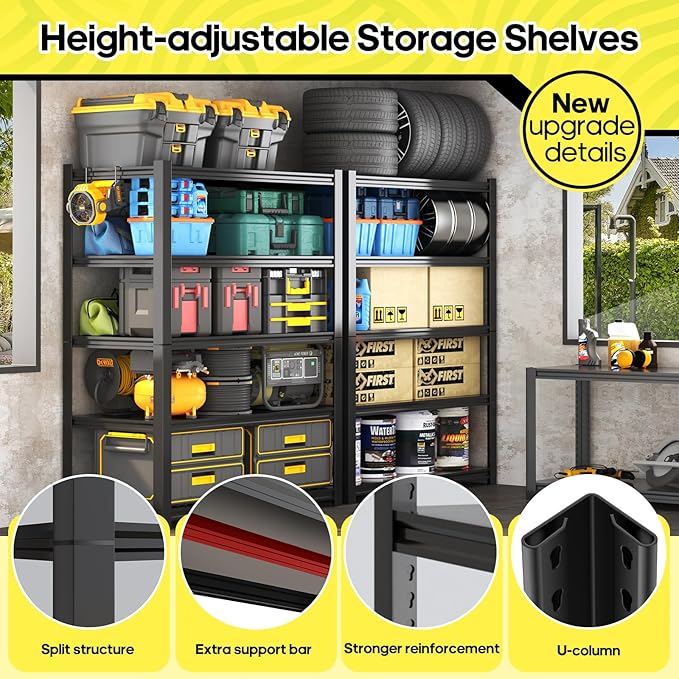 Nexvrtau 5 Tier Adjustable Metal Shelving Storage Rack,Storage Shelves,59.8" Wx24 Dx76.6 H Garage Shelving Heavy Duty,Industrial Shelving Unit for Basement,Warehouse,Garage Organization.4 Pack