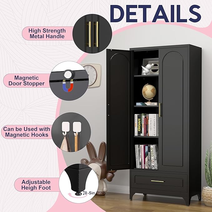 Pantry Kitchen Cabinet with Drawer, 75" Tall Pantry Storage Cabinet, Metal Storage Cabinets with Doors and Shelves, Large Freestanding Cupboard for Living Room, Assembly Required, Black