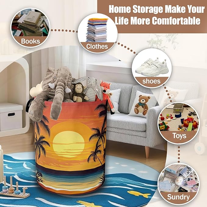 Tropical Palm Tree Sunset Beach Laundry Basket, Laundry Hamper Waterproof Oxford Cloth Tote Collapsible,Clothes Storage Bucket Decorative Toy Organizer For Bathroom Bedroom 16" x 20.8"