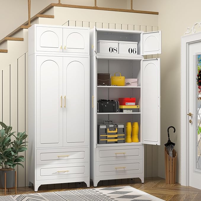 Metal Storage Cabinet with Doors and Shelves, 90" Tall Kitchen Pantry Storage Cabinets with 2 Drawer, White Pantry Closet, Steel Large Cupboard, High Leveling Feet- Assembly Required