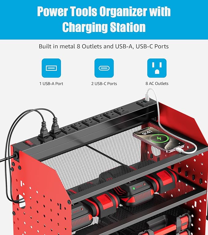 CCCEI Modular Power Tools Organizer with USB Charging Station, 4 Layer Drills and Battery Storage Wall Mount, Garage Shop Organization, Anniversary, Birthday, Gifts for Men, Father, 10FT Cord, Red.
