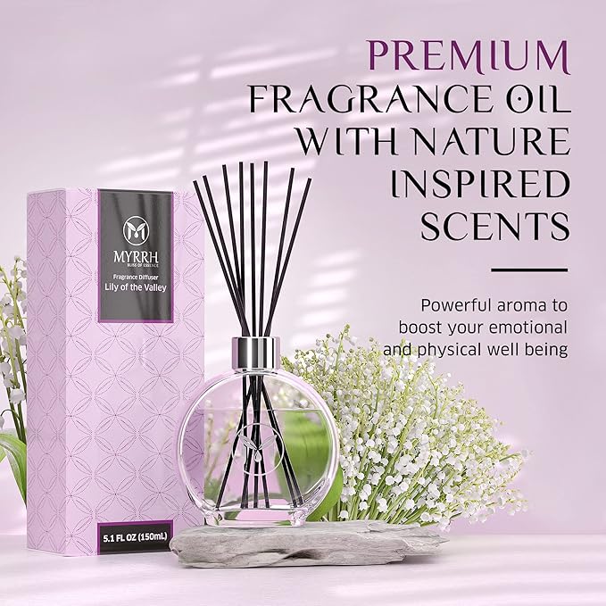 Lily of The Valley Scented Reed Diffuser Set with 8 Rattan Diffuser Sticks, 150 ml, All Natural Air Freshener, Long-Lasting Diffusers at Home - MyrrhUSA