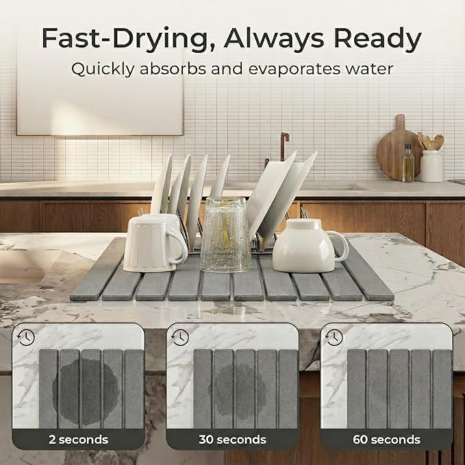 Quick Drying Large Stone Drying Mat for Kitchen Counter, Collapsible Dish Drying Rack, Diatomaceous Earth Dish Drying Mat, Durable Drying Stone, Practical Dish Drying Mats