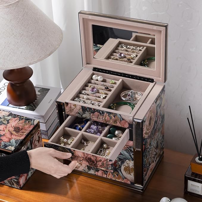 High End Glass Jewelry Box, 5 Layer Jewelry Organizer with 2-Sided Doors and Mirror, Velvet-Lined Organizer For Ring, Necklace, Earring, Bracelet Storage - Valentine's Day Gifts For Women