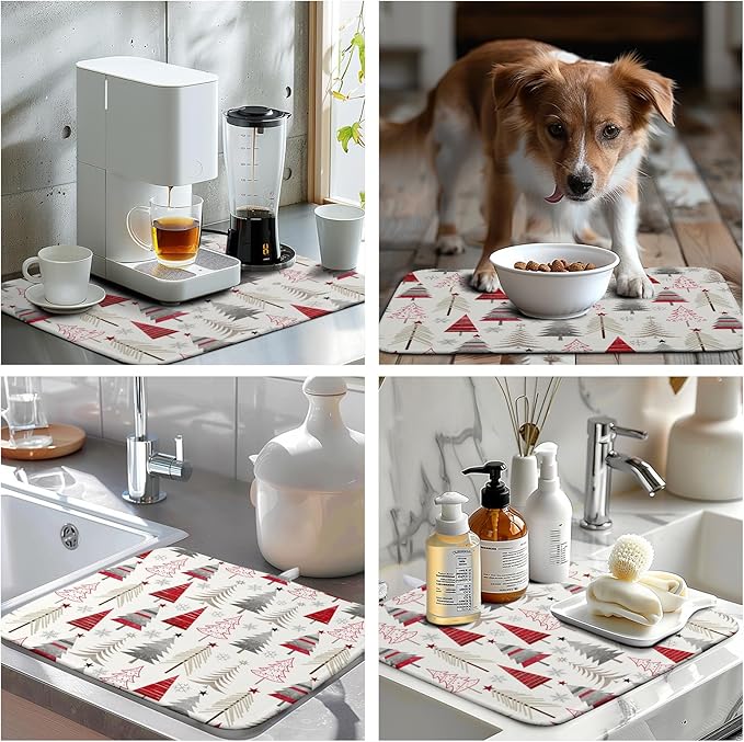 Wnoesat Christmas Dish Drying Mats for Kitchen Counter Xmas Tree Drying Mat Winter Holiday Dishes Drying Pad Microfiber Absorbent Dish Draining Mat Washable Dish Drainer Rack Mat 16x18 Inch