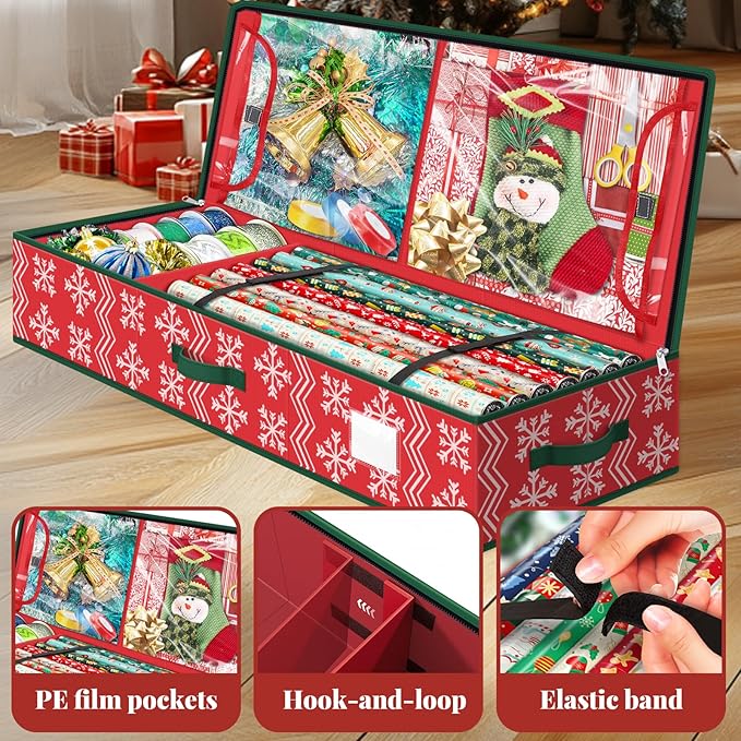 StorageRight Wrapping Paper Organizer Storage Container, Christmas Gift Wrapping Paper Storage Box for Paper Ornaments，Paper Storage Holder for Holiday Decoration Wave/Red