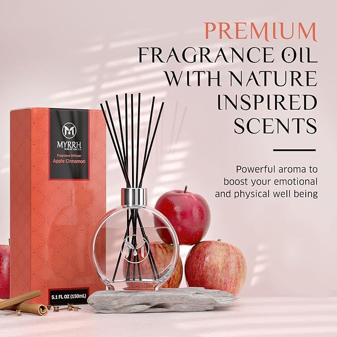 Apple Cinnamon Scented Reed Diffuser Set with 8 Rattan Diffuser Sticks, 150 ml, All Natural Air Freshener, Long-Lasting Diffusers at Home, MyrrhUSA