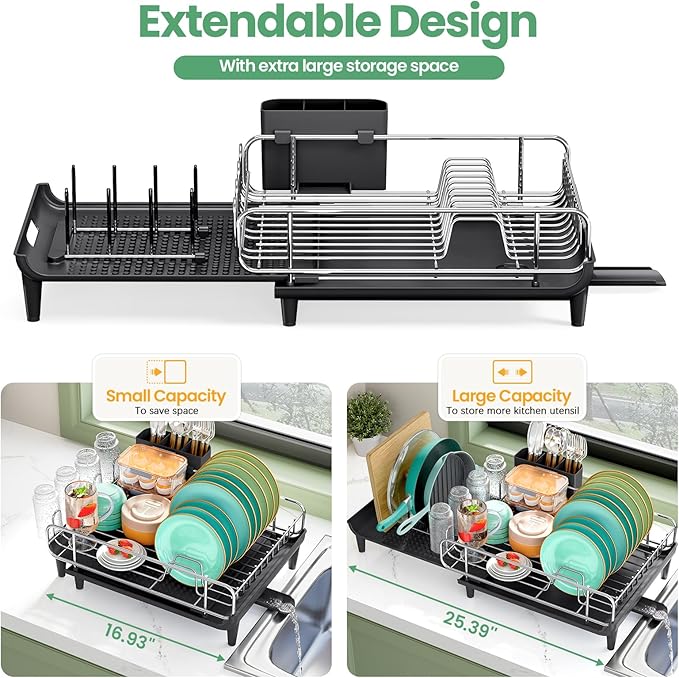 TOOLF Dish Drying Rack - Large Expandable Dish Rack for Kitchen Counter, Stainless Steel Dish Drainer for Kitchen Organization with Cutlery ＆ Cup Holder, Black