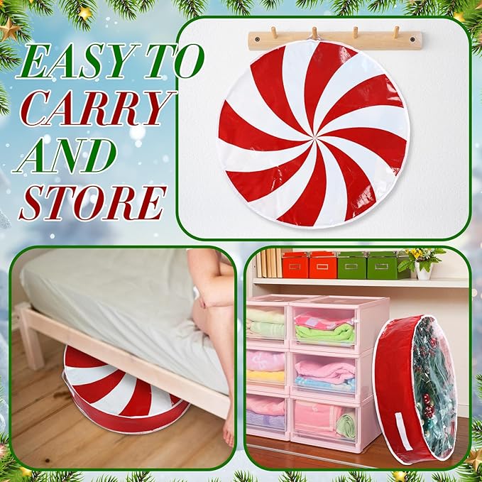 4 Pcs 24 Inch Christmas Wreath Storage Bag Candy Cane Wreath Storage Container Clear Window Dual Zipper Handle Red White Peppermint Garland Organizer for Holiday Decoration, Cute Lollipop