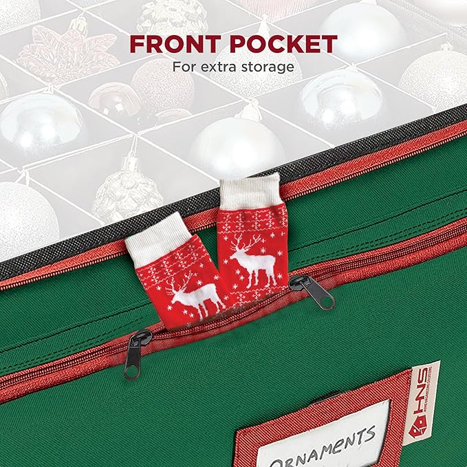 Premium Christmas Ornament Storage Box – Holds up to 72-3” Ornaments + 6 Side Slots for Figurines & Nutcrackers – Holiday Decoration Organizer – Durable 600D Green Canvas