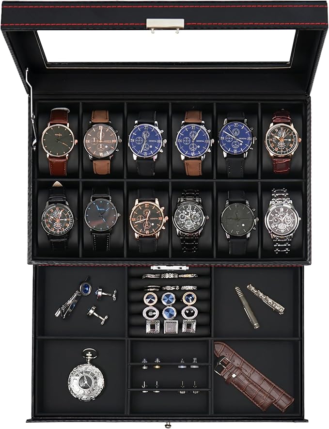 Jenseits 12 Slot Watch Case,2 Layers Watch Box Organizer with Large Glass Lid, Lockable Leather Watch Holder Display Case Storage with Jewelry Organizer Holder Drawer, Ideal Gift for Men Women, Black