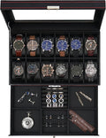 Jenseits 12 Slot Watch Case,2 Layers Watch Box Organizer with Large Glass Lid, Lockable Leather Watch Holder Display Case Storage with Jewelry Organizer Holder Drawer, Ideal Gift for Men Women, Black