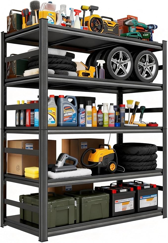 Notmise Heavy Duty Garage Shelving, 87" H x 47.2" W x 23.6" D, 3000 lbs Load Capacity, Sturdy Steel Metal Shelves for Storage, Industrial Black 5-Tier Shelving Rack for Garage, Basement, and Workshop