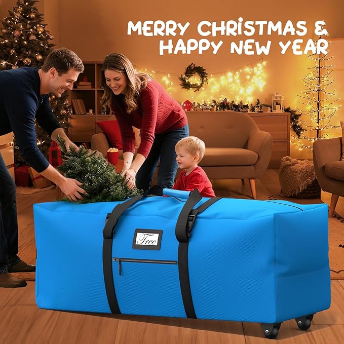 Mrrihand Christmas Tree Storage Bag, Large Artificial Anti-Tear Heavy-Duty 600D Oxford Cloth Xmax Christmas Tree Storage Box with Rolling Wheels, Christmas Tree Storage Container (Bright Blue, 9Ft)
