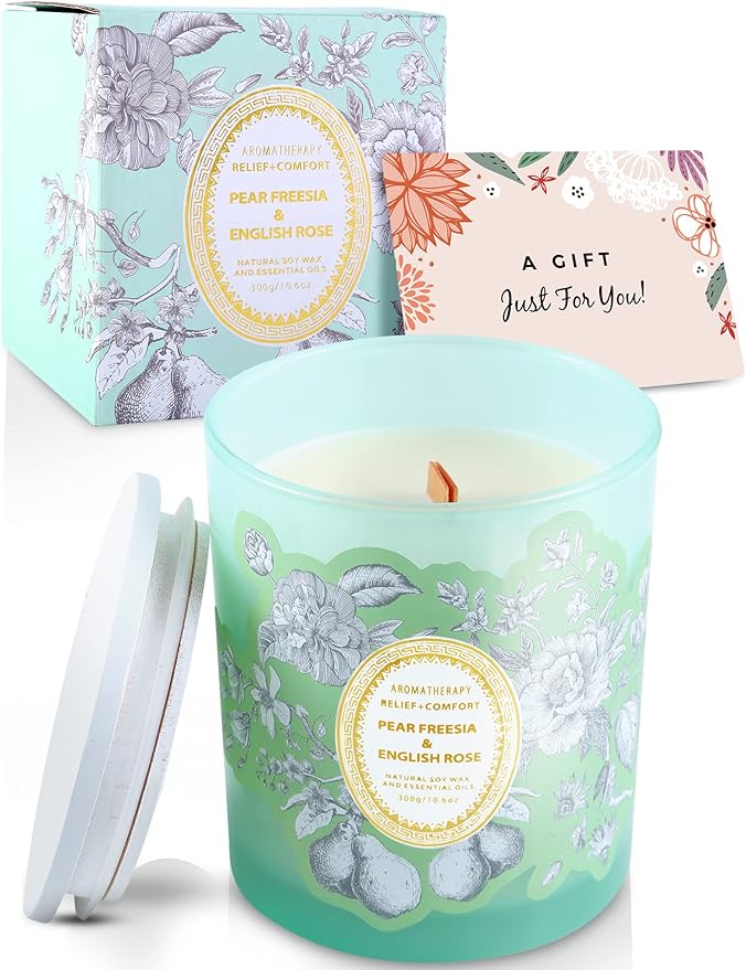 Large Scented Candle 10oz | Fresh Pear Freesia & Rose Soy Candle | Decorative Green Jar Wood Wick Candle Long Lasting | Aromatherapy Gift for Women & Men