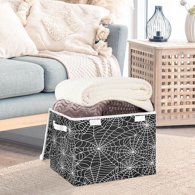 Bolaz Storage Bins with Lids and Handles,Halloween Gray Spider Web Storage Box Basket with Cover Collapsible Organizer Containers for Home Closet, Shelves