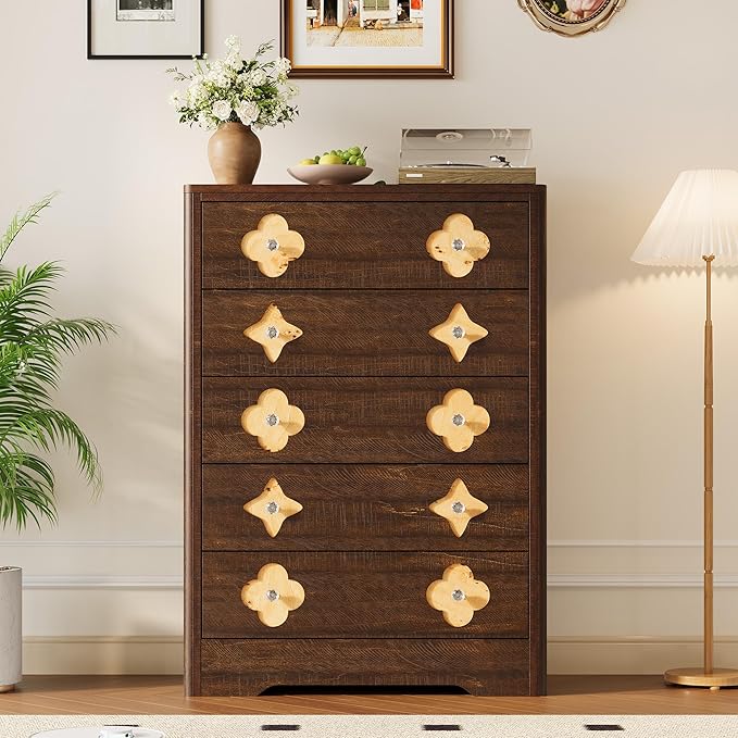 Garvee Dresser for Bedroom with 5 Drawers, 45'' Tall Chest of Large Decorative Drawer Front with Large Clothes Storage Cabinet, Wood Bedroom Dresser, TV Stand for Nursery, Living Room, Enterway