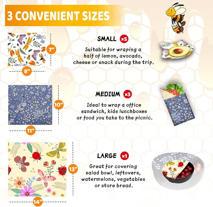 Beeswax Wrap, Beeswax Wraps For Food, Organic, Sustainable, Beeswax Food Wrap for Sandwich Storage, Reusable Beeswax Food Wrap 1L, 5M, 3S Butterfly Patterns Beeswax Paper, 9 Pack Set
