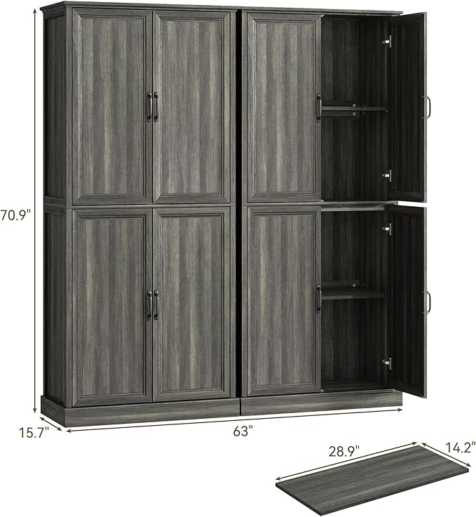 71'' Tall Pantry Cabinet Set of 2, Farmhouse Kitchen Pantry Storage Cabinet with Barn Door and Adjustable Shelves, Rustic Wood Freestanding Cupboard for Kitchen, Dining Room, Grey