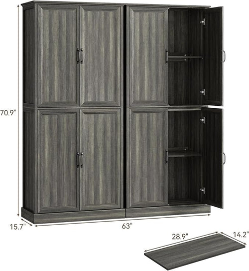 71'' Tall Pantry Cabinet Set of 2, Farmhouse Kitchen Pantry Storage Cabinet with Barn Door and Adjustable Shelves, Rustic Wood Freestanding Cupboard for Kitchen, Dining Room, Grey