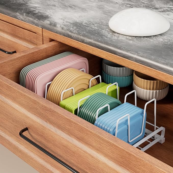 GAGUIUP Food Container Lid Organizer, Adjustable 6 Dividers Full-Metal Pot and Pan Organizer Rack for Kitchen Cabinets, Drawers, Cupboards, Pantry Shelves Storage, White