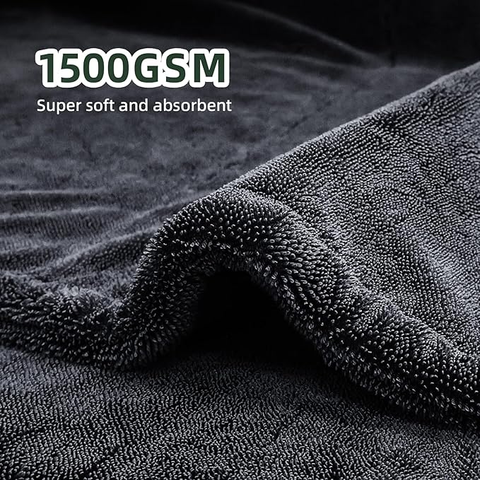 RYCELYSIAN 24" x 36" Twisted-Loop Car Drying Towel, 1500GSM Microfiber Cleaning Cloth for Car, Trucks, Motorcycles, Streak Free, Lint Free, Ultra Absorbent Washing Cloth for Kitchen, Window (Grey)