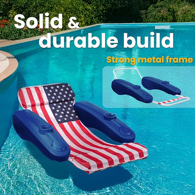 XtremepowerUS Floating Chaise Pool Lounger USA Patriotic Padded Large for Adults Headrest, Backrest, Footrest & Cupholder (American Flag)